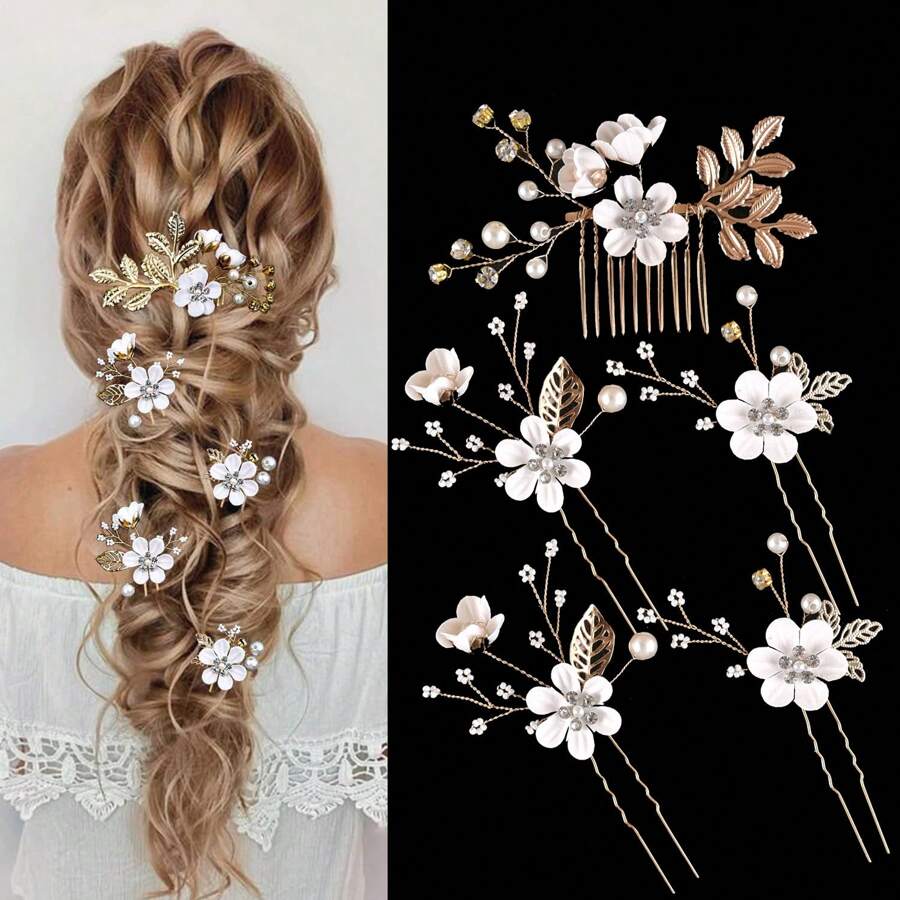 Elegant Vintage 5pcs Pearl & Rhinestone Hairpin Set - U-Shaped Bridal Hair Accessories With Handcrafted Beaded Leaf Design