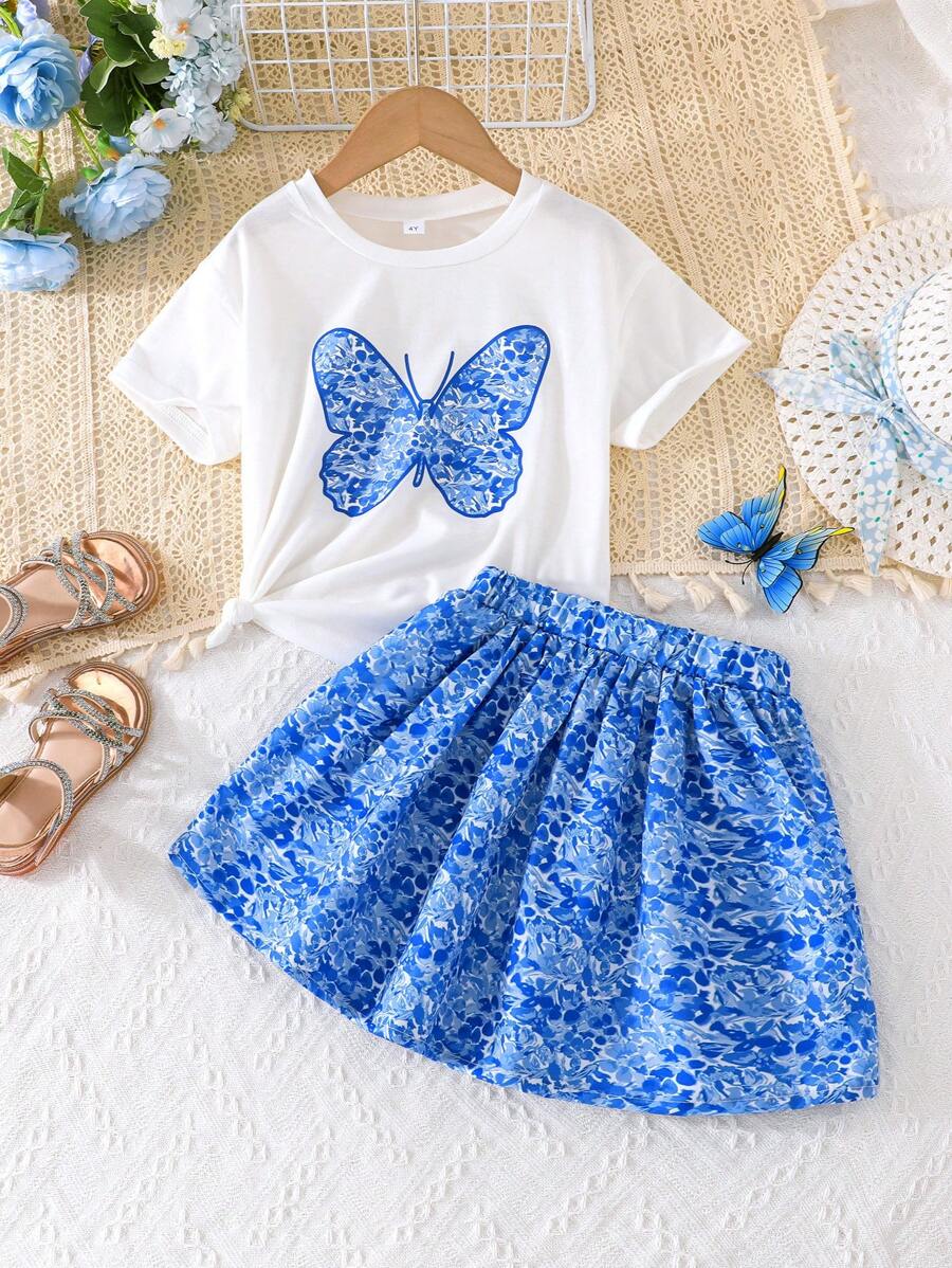 Set casual de 2 piezas de top de manga corta con estampado de mariposas + falda con estampado floral diminuto para niñas jóvenes en verano