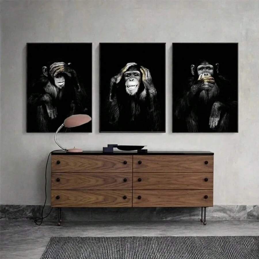 1pc Animal Black Funny Monkey Poster Canvas Painting Modern Home Living Room Bedroom Living Room Home Decoration Wall Art Gift Optional Frame ,Wall Art With Frame