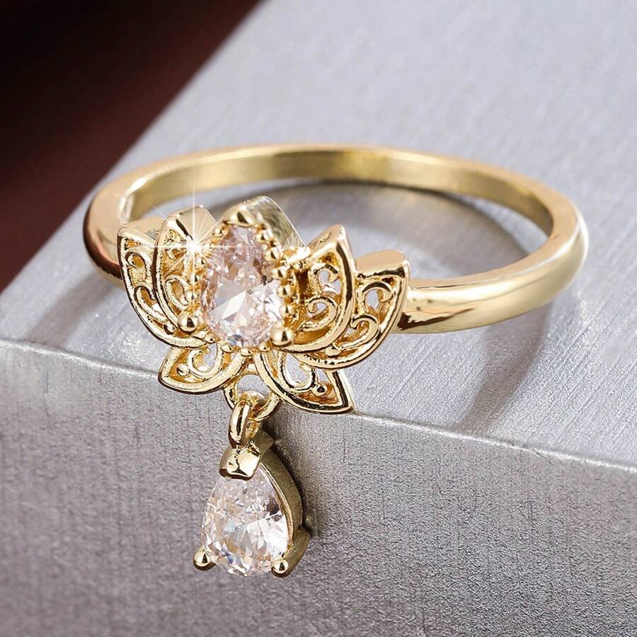 1 pieza Anillo de mujer con diseño de gota de agua de loto y incrustaciones de circonita cúbica