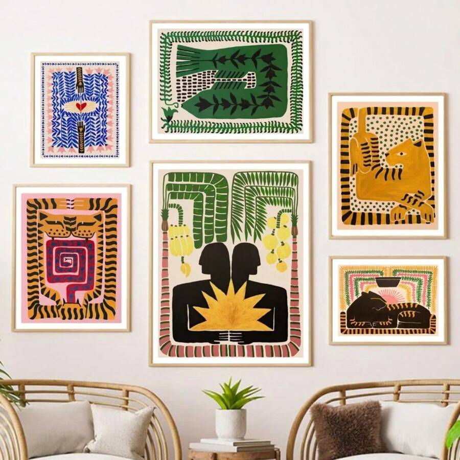1pc Scandinavian Classic Vintage Wall Art Ancient Egypt Colorful Abstract Tiger And Leopard Poster Home Bedroom Living Room Decor Optional Frame ,Wall Art With Frame