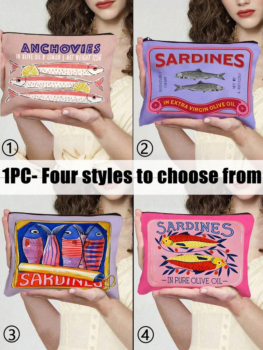 Retro Sardines Cosmetic Pouch,Olive Oil And Lemon Design, Unisex Adult Polyester Mini Makeup Bag, Hypoallergenic Zippered Toiletry Case, Pink Zippered Cosmetic Bag, Multifunctional Snack, Stationery Or Gift, Tin Fish Print Accessory Clutch, Cosmetic Pouch For Girls Women, Makeup Bag, Toiletry Bag For Travel, School, And Commuting,Unisex Adult Portable Storage Bag