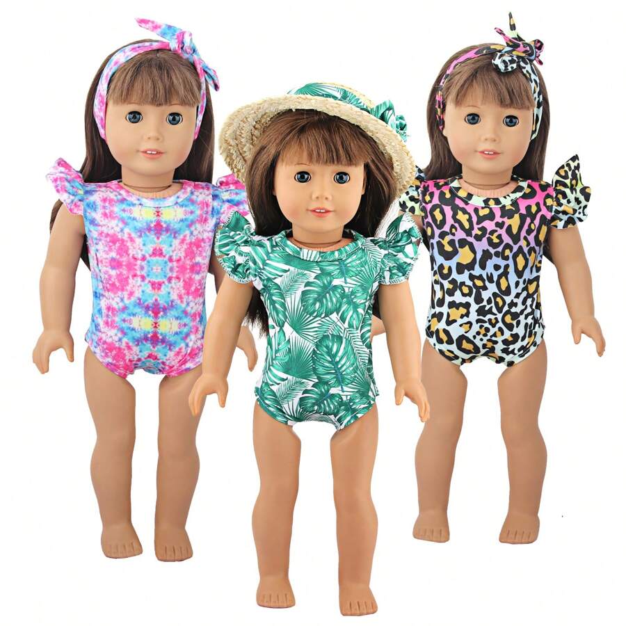 1 pieza Ropa para muñeca americana de 18", Traje de baño para muñeca con diseños lindos y coloridos de hojas, teñido anudado, y estampado leopardo, con diseño de manga acampanada, excelente regalo de cumpleaños/festividad para niñas y niños pequeños