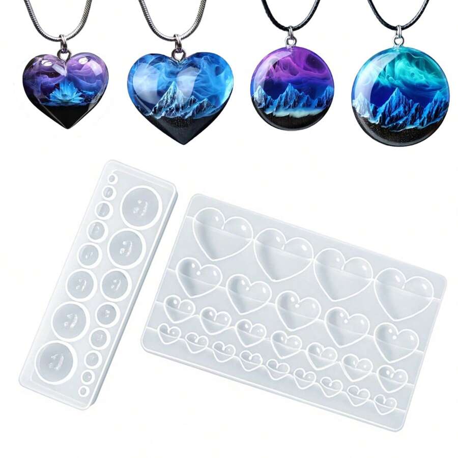 Moldes de resina epóxi faça você mesmo, moldes de resina para pingentes, incluindo molde de silicone em formato de coração e redondo para fabricação de joias - molde de artesanato com acabamento brilhante e vários tamanhos para brincos e colares faça você mesmo, ideal para presentes românticos, molde de silicone para artesanato