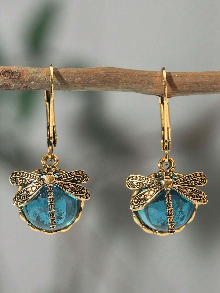 1 Pair Vintage Dragonfly Green Crystal Pendant Earrings, Charming Jewelry For Boho Party Women