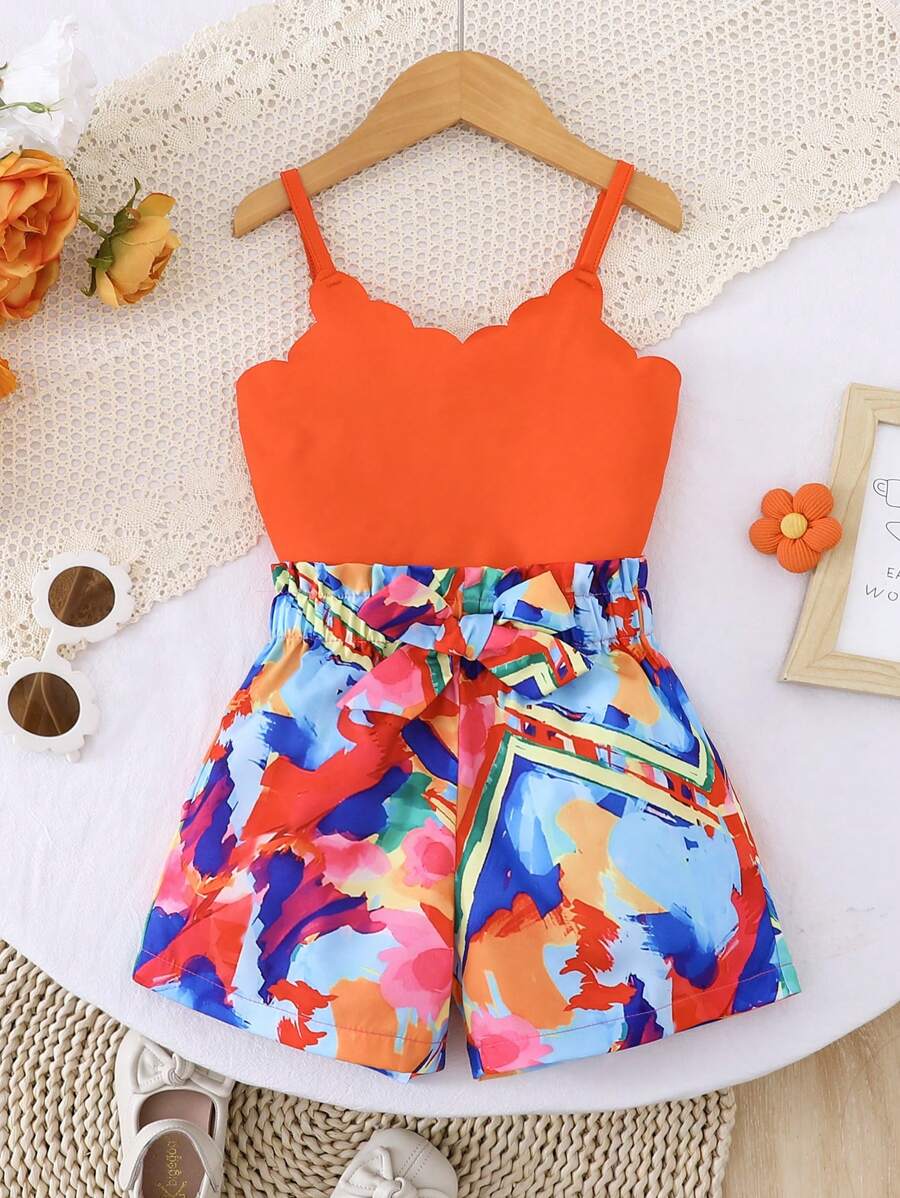 Set de 2 piezas para niñas: Camiseta sin hombros naranja casual y shorts con estampado colorido con moño, apropiado para fiesta, tiempo libre, vacaciones, hogar y exterior, verano