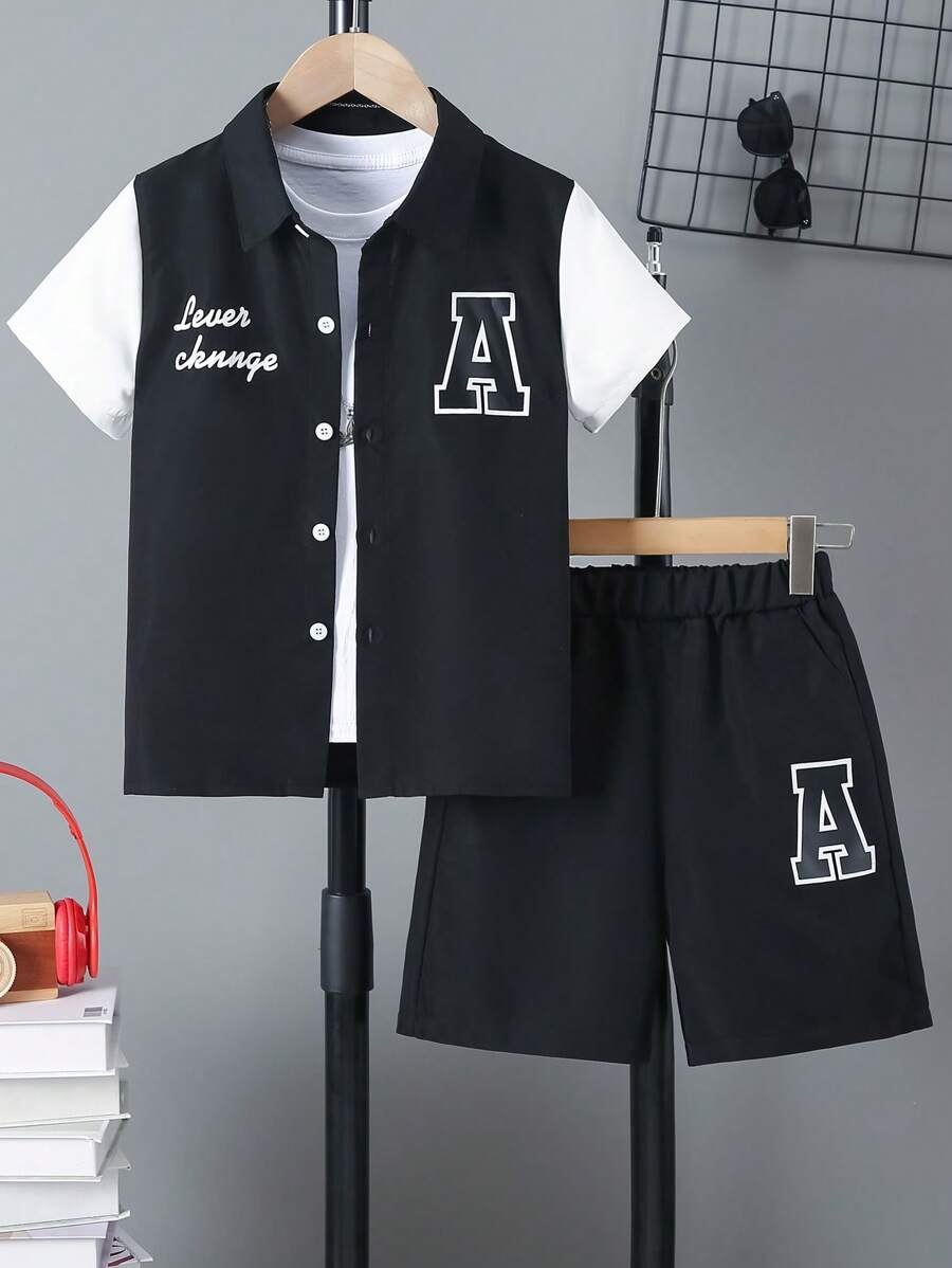 2 Peças/Conjunto Camisa com Estampa de Letras + Conjunto de Shorts, para Verão - Meninos
