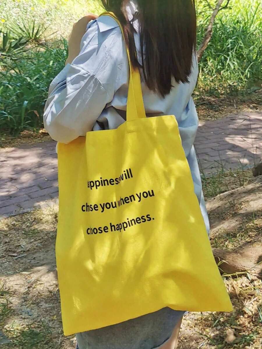 Shoulder Casual Versatile Slogan Print Large Capacity Tote Bag, Artistic Style School Bag & Bookbag For Women Or Students, Perfect For Books, Shopping, Back To School And More