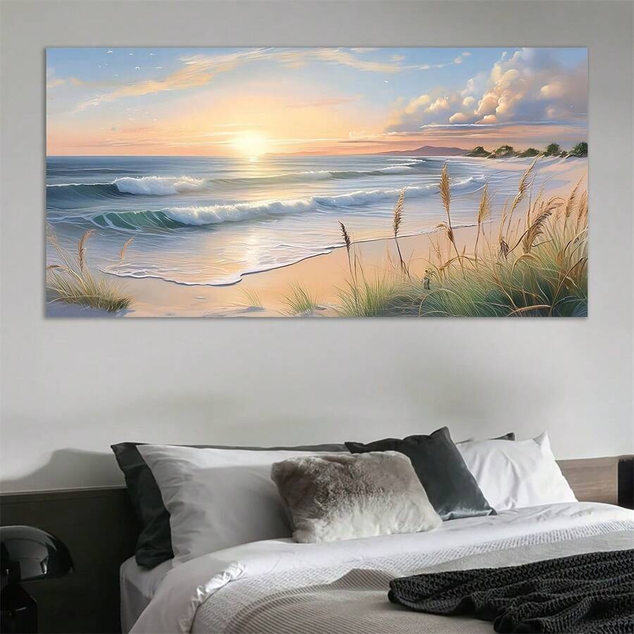 Seaside Beach Sunset Canvas Art - Minimalist Wall Decor For Living Room, Bedroom, Office - Wooden Frame, Canvas Painting, Sailboat, Conference Room No Frame 50x100cm/19.69x39.37inch Coastal Decor Coastal Decor Beach Decor