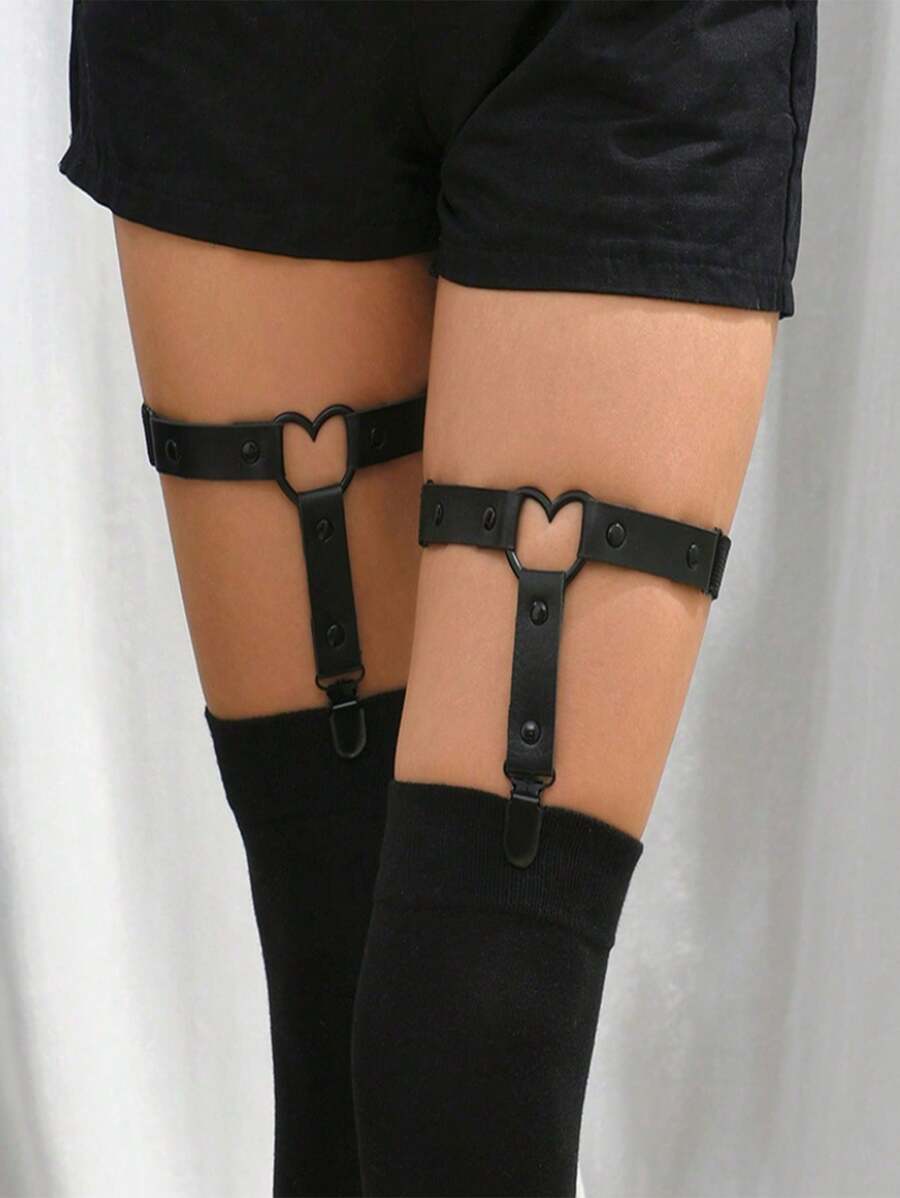 1 par de anillos para la pierna negros con corazón negro, pinza de calcetín ajustable, tirante de suspensor simple hecho a mano con banda de PU en forma de corazón, accesorios de moda para mujer