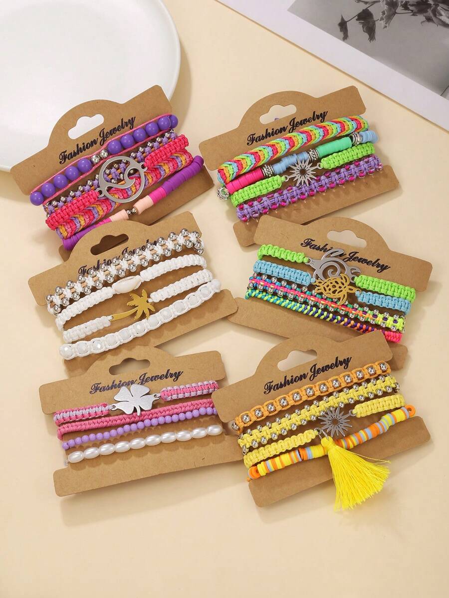 4 szt./5 szt. Bohemian Zinc Alloy Resin Shell & Faux Pearl CCB Ocean Elements Palm Tree, Wave, Turtle, Sunflower, Lucky Clover Tassel Handmade Woven Bracelet Set, Odpowiedni dla kobiet, do codziennego noszenia, letni prezent na wakacje na plaży
