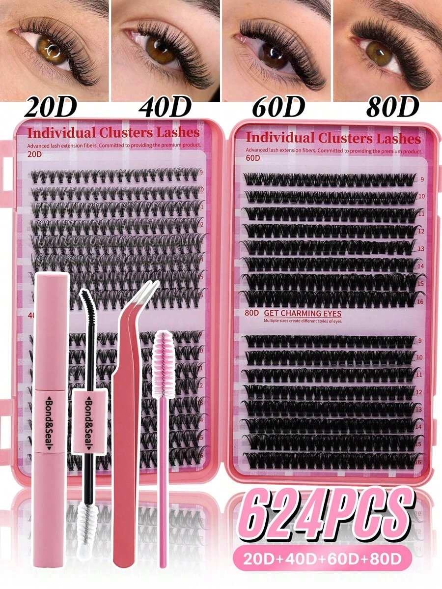 624PCS Mixed DIY Lash Extension Kit High Capacity Individual Lash Clusters 9-16MM Mixed D Curl Effect Natural Look Wispy Soft And Comfortable False Eyelashes Long-Lasting Individual Lashes Kit With Lash Bond&Seal And Tweezers And Lash Brush