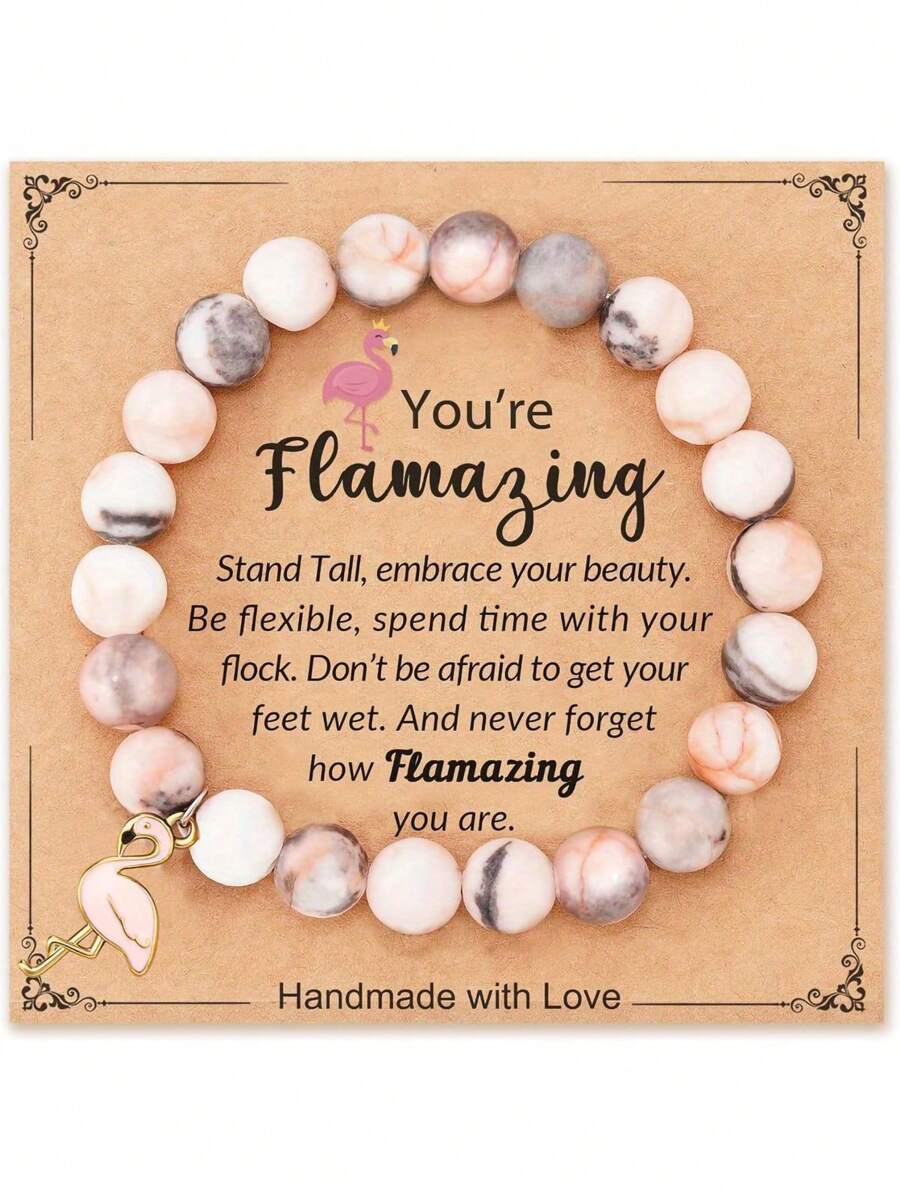 Bracelet en perles marbré rose et blanc fait à la main avec un charm flamant rose. Carte de message inspirationnel incluse - Cadeau idéal pour les enseignants, partenaires, parents pour les anniversaires, la Saint-Valentin, la Fête des Mères, l'Action de Grâce