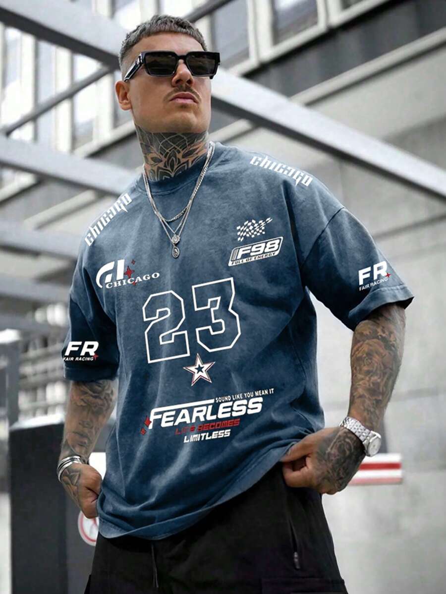 Shwiy Men's Washed Vintage Casual Minimalist Chicago Number 23 Star Print Short Sleeve T-Shirt With Racing Element, Suitable For Daily Wear, Spring/Summer