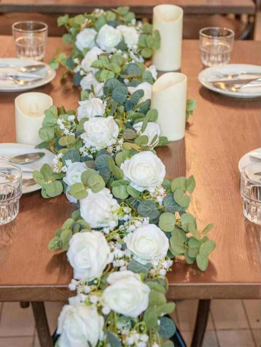 1pc Artificial Eucalyptus Garland With Flowers, White Roses Baby Breath Garland Floral Greenery Garland For Wedding Party Centerpiece Table Runner Backdrop Wall Decor Decoration Gifts Birthday Graduation