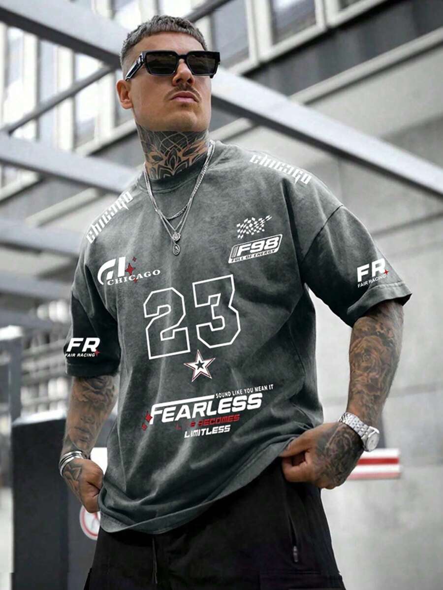 Shwiy Men's Casual Distressed Effect Short Sleeve T-Shirt With Car Racing Element, Chicago Print, Number 23 & Star Graphics, Suitable For Daily/Street Wear, Spring/Summer