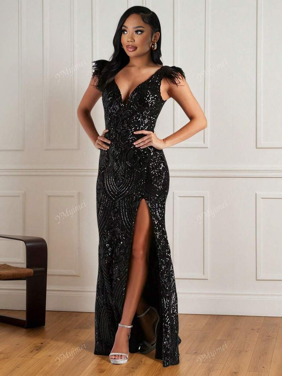 Sleeveless Dress V-Neck High Slit Feather & Sequin Embellished Sexy Formal Gown,Party Dress,Evening,Wedding Guest