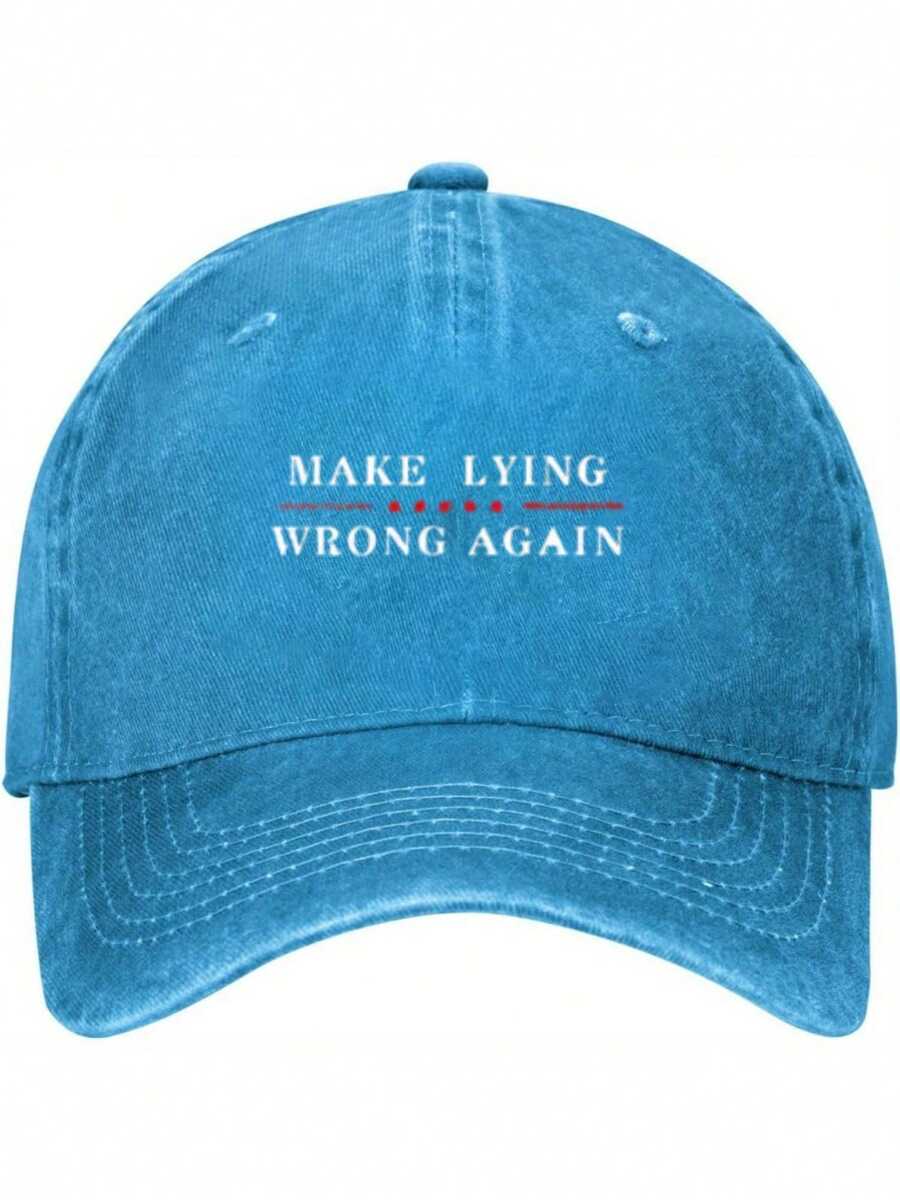 Vintage Distressed Cotton Denim Hat With 'Make Lying Wrong Again' Slogan. 100% Cotton Denim Hats, Baseball Caps, Trucker Caps. The Arched Brim Design Is Adjustable.