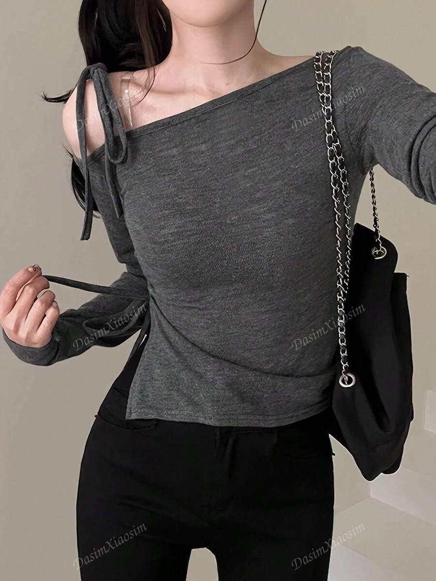 Side Tie-Up Cutout Off Shoulder Fitted Long Sleeve Top
