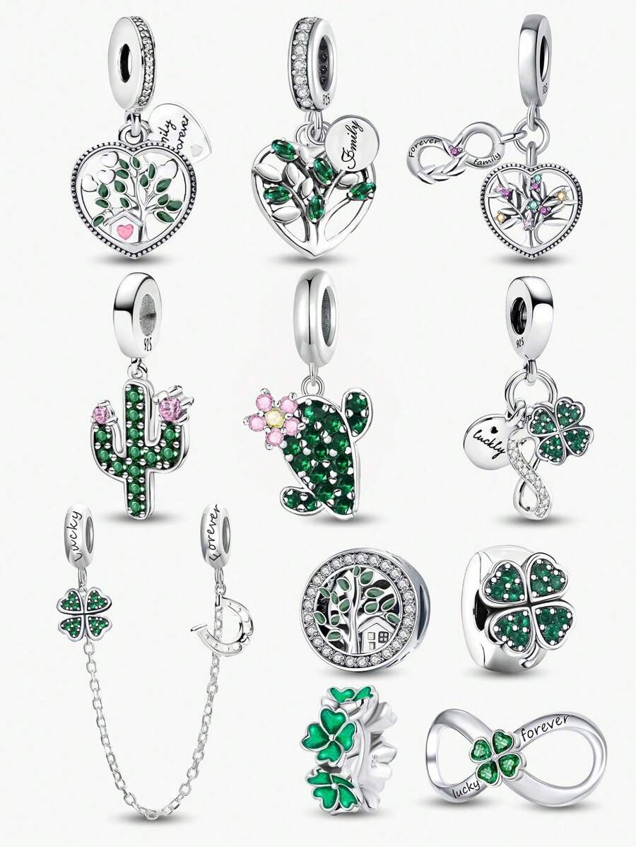 1 pièce Charme de pendentif en argent sterling 925 à quatre feuilles de trèfle de l'arbre de vie. Convient pour les bracelets, bijoux pour femmes, la Saint-Valentin.