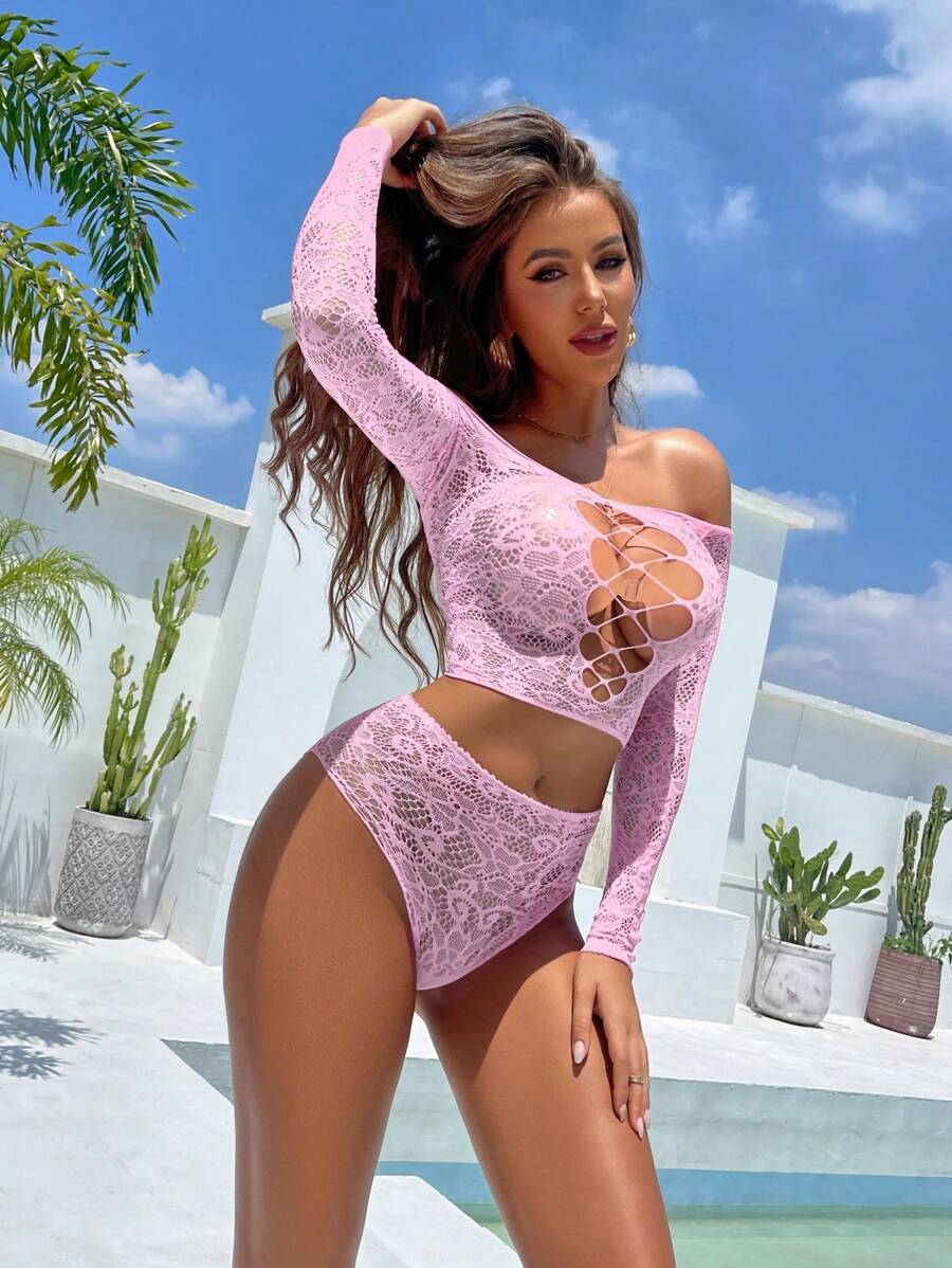 1 pezzo Completo di lingerie in rete rosa leggera ad alta elasticità, top bikini in rete semi-trasparente e sexy, adatto per vacanze, coppie, abbigliamento estivo da donna