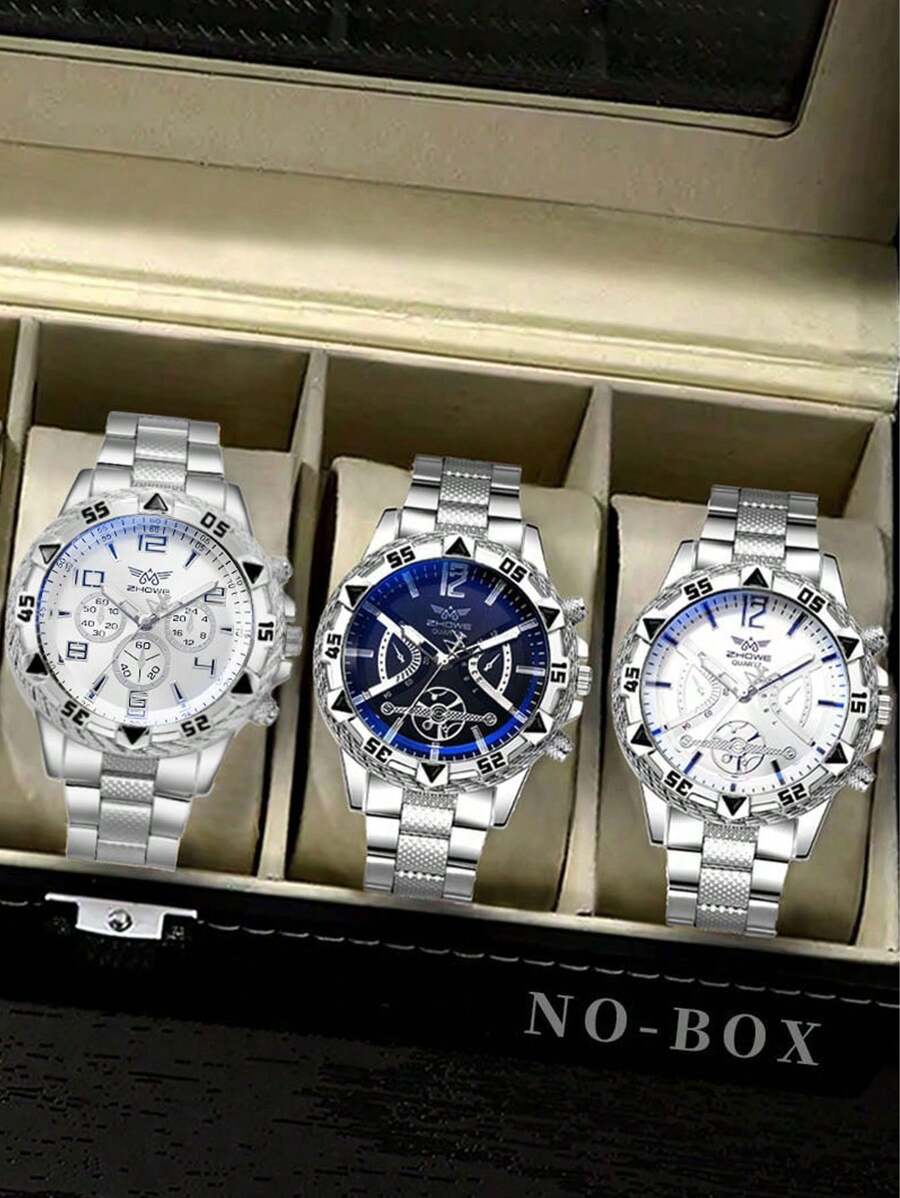 3 pièces Lot de montres à quartz pour hommes avec bracelet en acier inoxydable argent, style sobre et d'affaires. Peut être offert comme un cadeau important pour les fêtes, et être porté au quotidien.