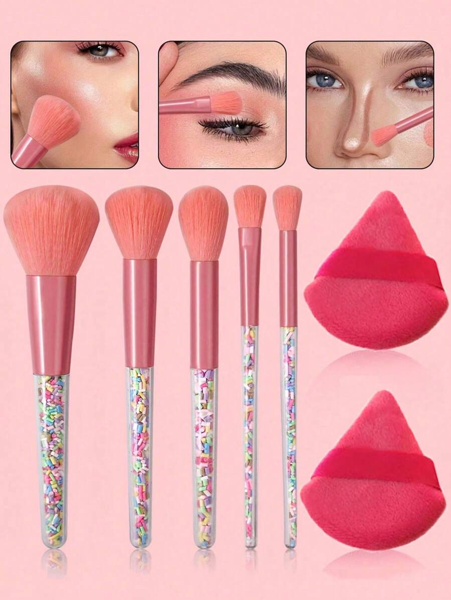 7pcs Makeup Brush Set For Girls, Gift, Student Makeup, Contouring, Eyeshadow, Nose Shadow, Candy Makeup Brush Crystal Transparent Handle, Makeup Brushes, Facial Setting Sponges, Professional Beauty Tools