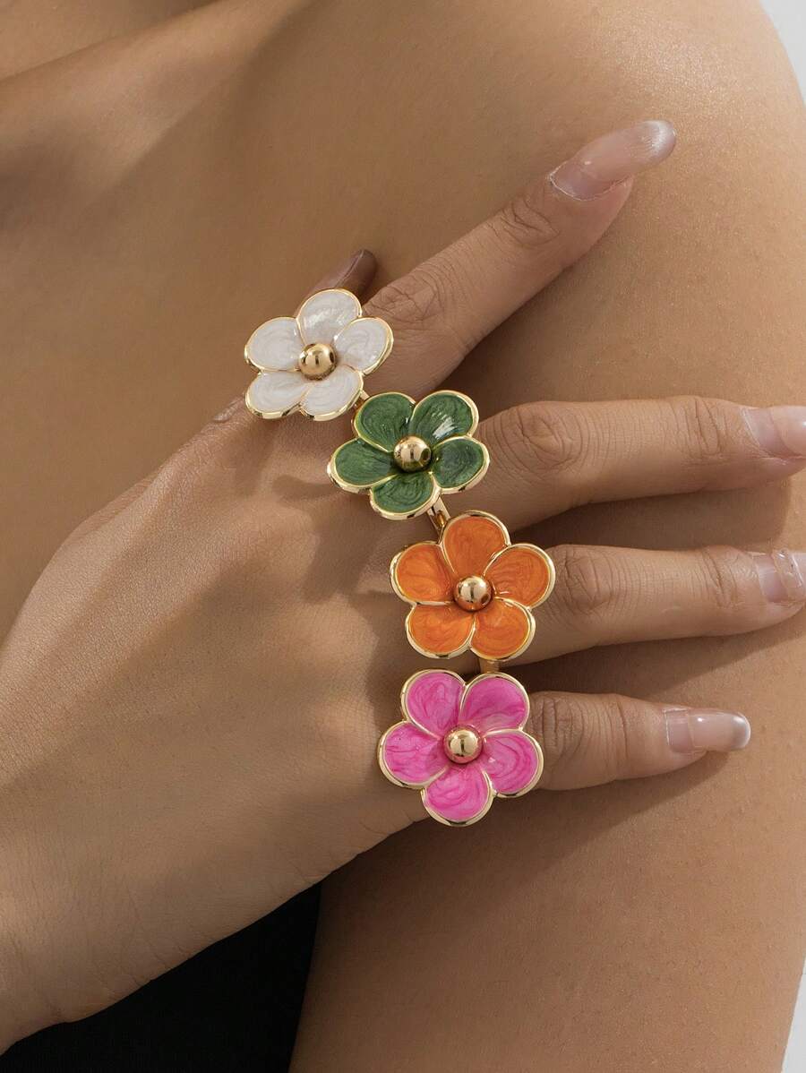 1 pièce Bague de mode en métal décorée d'émail floral élégant, convient pour la tenue quotidienne et de vacances des femmes