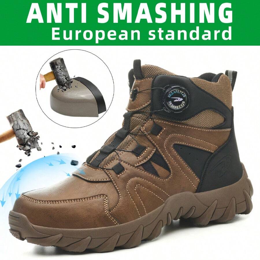 Zapatos de seguridad para hombre para la construcción, botas altas para hombre, de moda casual, con puntera de acero, anti-impacto, resistentes a la perforación, con botón tecnológico sin cordones, fácil de poner y quitar, suela ultraligera, suave y antideslizante
