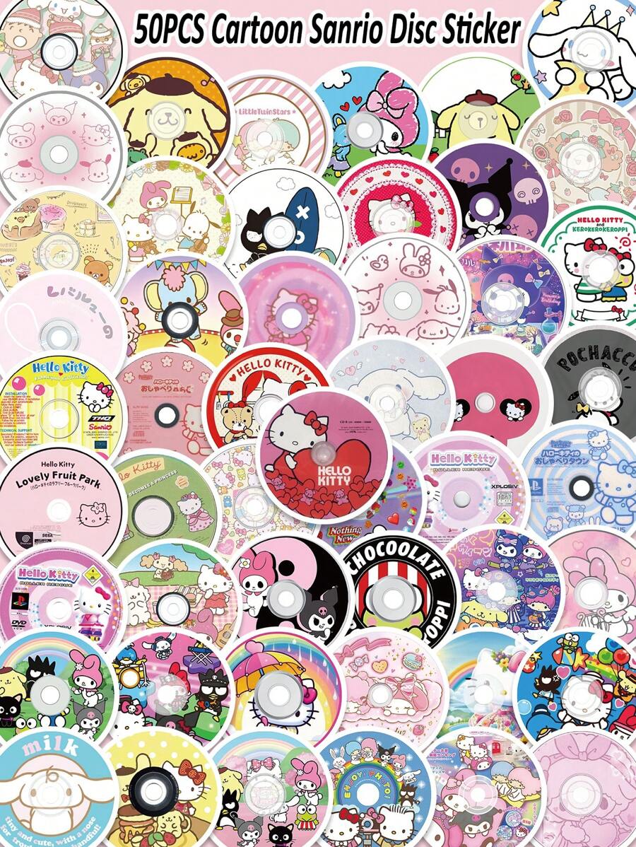 Sanrio 50PCS Creative Cartoon Classic Sanrio Disc Graffiti Stickers Waterproof PVC Personalized Hello Kitty Melody Cinnamoroll Kuromi Pochacco Art DIY Water Cup Pen Holder Guitar Phone Case Collection Decor