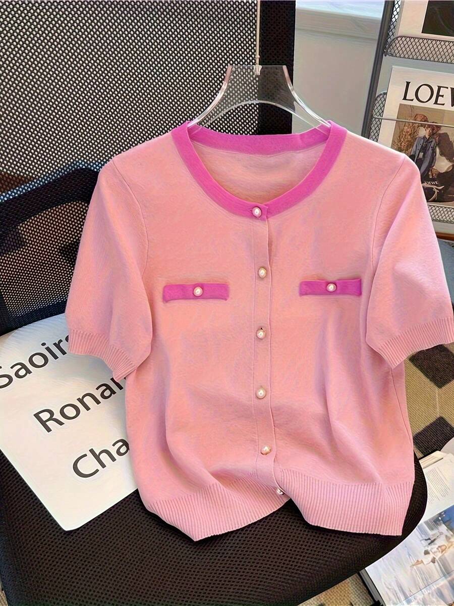 Crew Neck New Short Sleeve Knit Cardigan, Pearl Button, Fitted Slim Fit T-Shirt
