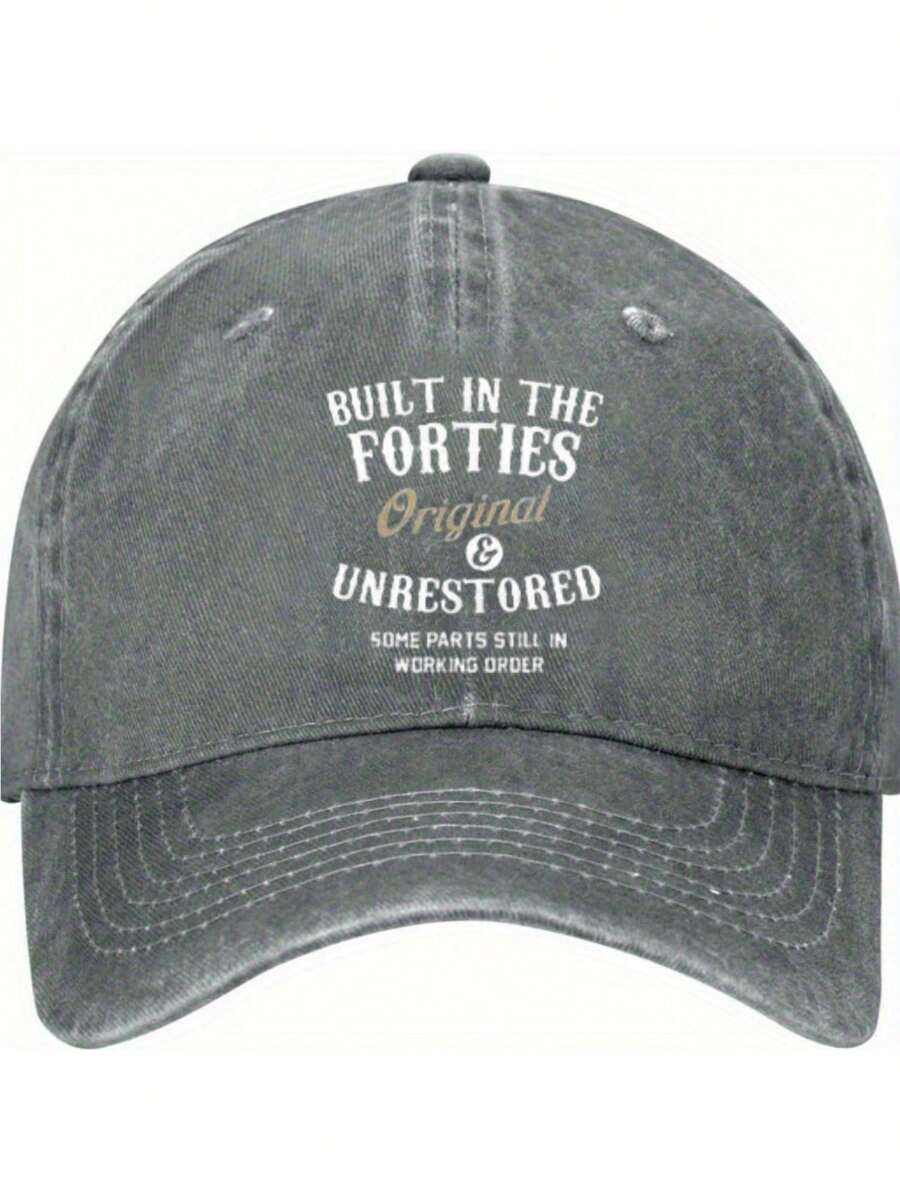 Vintage Distressed Cotton Denim Hat With 'Built In The Forties Original & Unrestored Some Parts Still In Working Order' Print. 100% Cotton Denim Hats, Baseball Caps, Trucker Caps. The Arched Brim Design Is Adjustable.