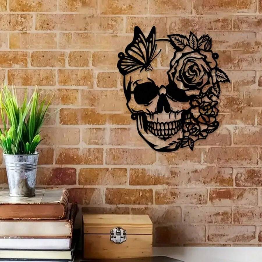 1pc Elegant Skull, Flower & Butterfly Metal Wall Art - Vintage Style Decor With Rose & Green Plants - Durable Black Metal Hanging Sign, Suitable For Living Room, Office, Kitchen Or Bar Decoration, Decorative Art | Elegant Wall Accessory | Durable Metal Art, Large Wall Art Room Decor Bedroom Decor Home Decor Wall Decor