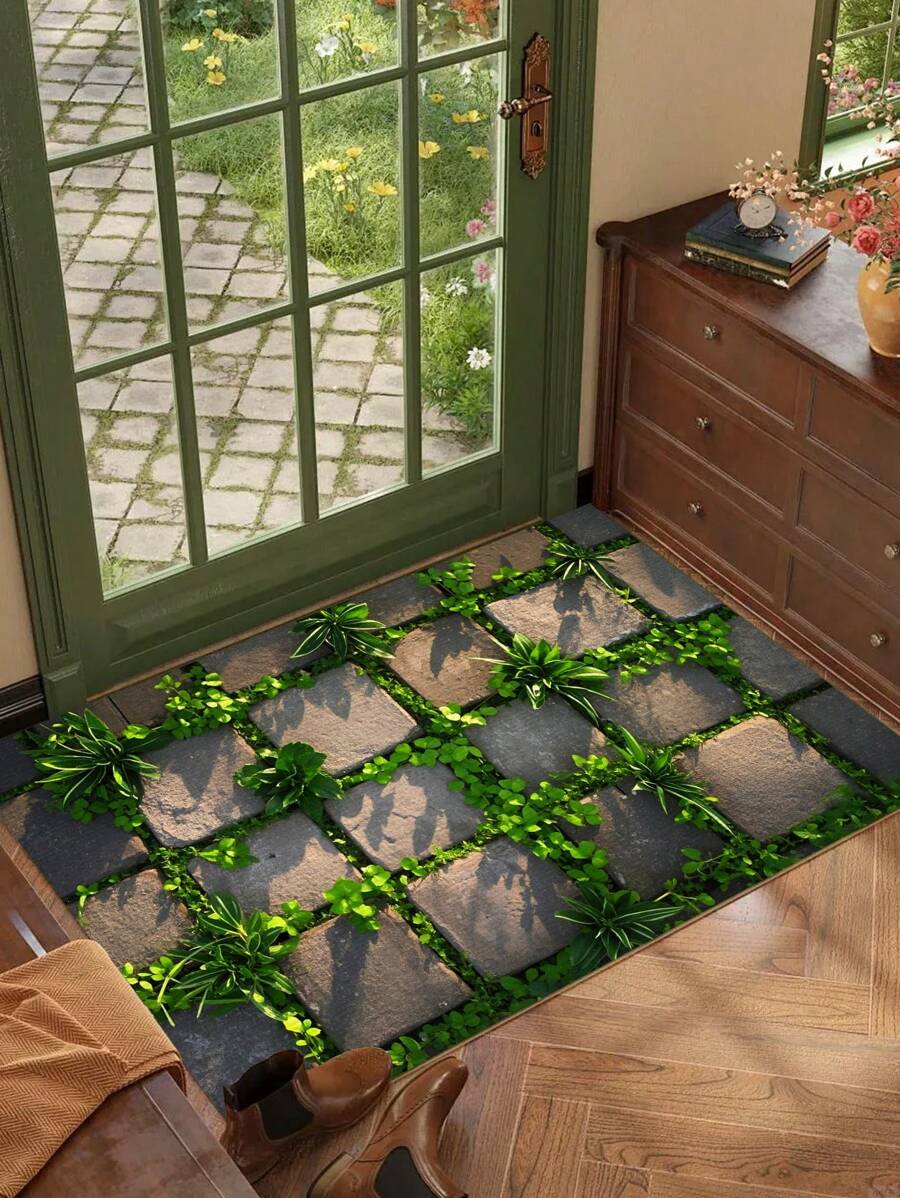 1PC Realistic Park Pavement Printed Doormat, Lightweight Super Thin Anti-Slip Floor Mat, Decorative Entrance Mat, Plush Velvet Easy Care, Trimable, Dirt-Resistant, Washable, Ironable, Indoor/Outdoor Welcome Carpet, Home Decor Floor Mat