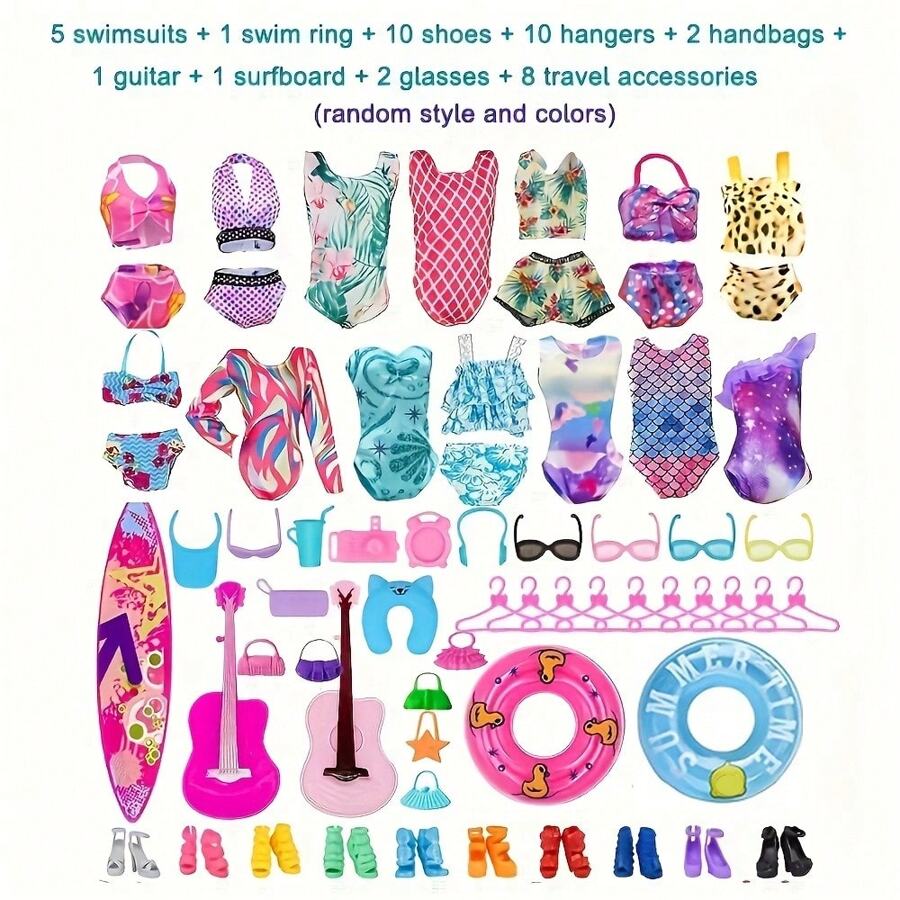 40pcs Random Doll Clothing Accessories Kit, Including Bikini, Shoes, Skateboard, Guitar, Swimming Ring, Hangers, Bags For 11.5 Inch/30cm Female Doll Play And Dress Up