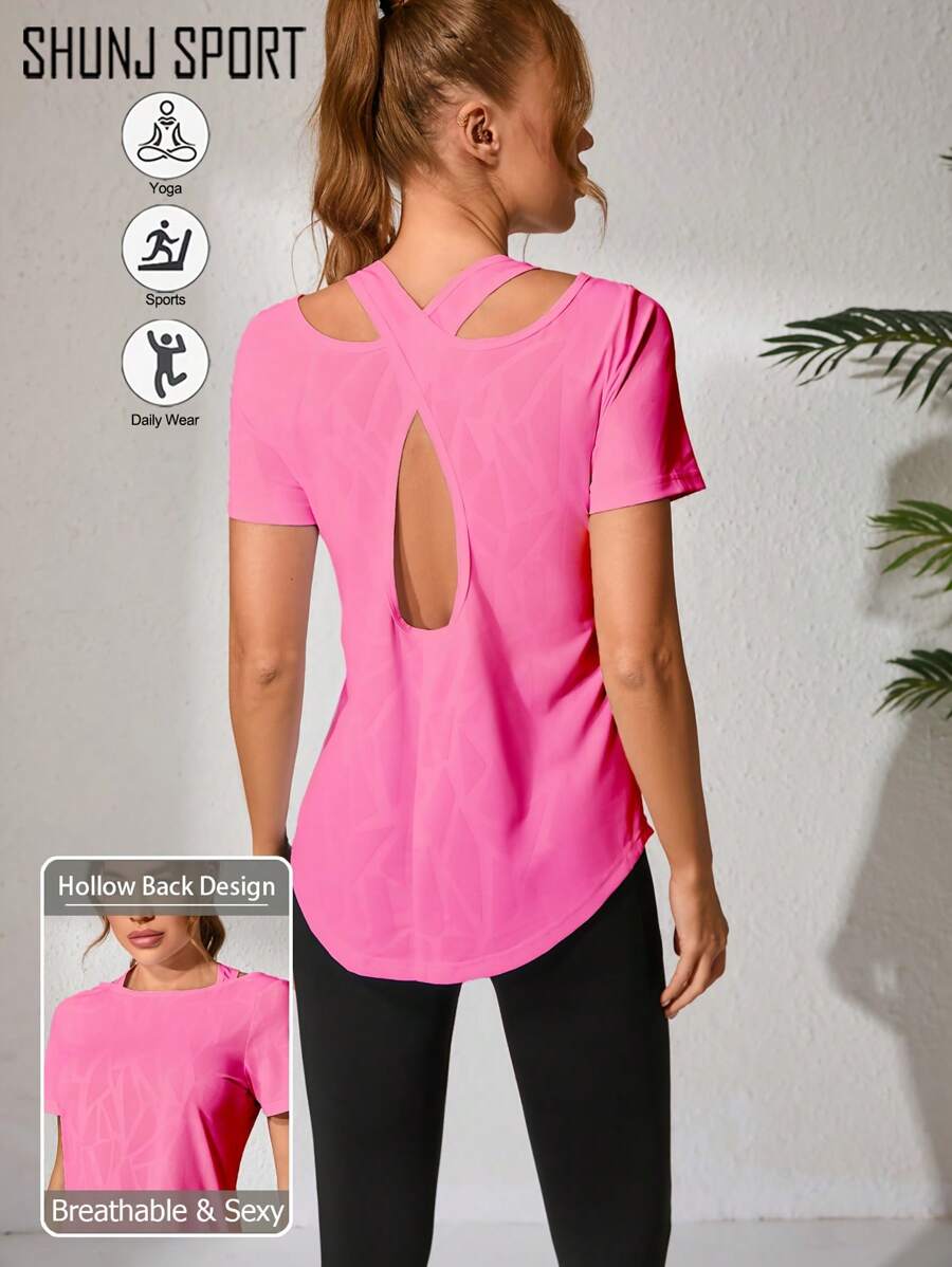 Damen Fitness Tanz Workout lässiges Gewebe Yoga Bekleidung, professionelles Laufen lose Sport Top mit ausgeschnittenem Rücken Workout Kleidung, neuer loser weißer Sommer schlankender ausgeschnittener Rücken Kurzarm Active T-Shirt, Pilates Training Fitness T-Shirt für Frauen