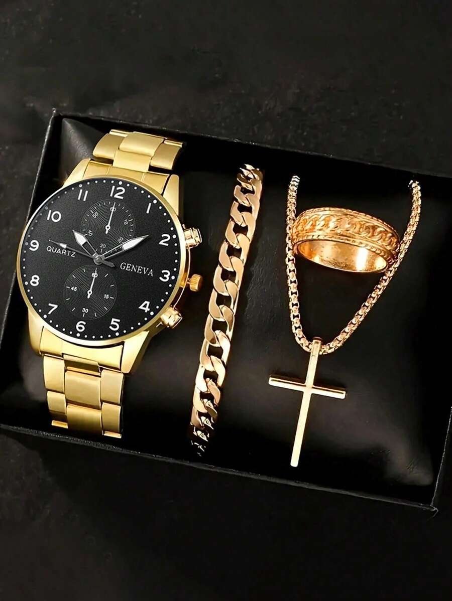 4pcs Luxury Gift Set For Men: Stainless Steel Quartz Watch, Cross Pendant Necklace, Bracelet And Ring, Perfect Business Casual Accessories, Ideal Gift For Him - Suitable For Leisure And Sports