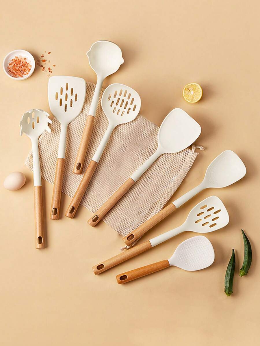 1pc/8pcs Wooden Handle Silicone Utensil Set, Non-Stick Cookware, Silicone Spatula, Wooden Spatulas, Soup Ladle, Rice Paddle, Kitchen Gadgets, Heat-Resistant &
