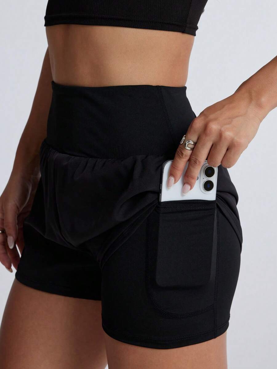 Women's Double-Layer Sports Shorts With Phone Pocket - Soft Workout Shorts, Safe And Chafe-Free, Suitable For Gym, Running And Training, Elastic Waistband, Lightweight Design, Essential For Spring/Summer/Autumn, Fitness Accessory, Sports Style, Comfortable Fit