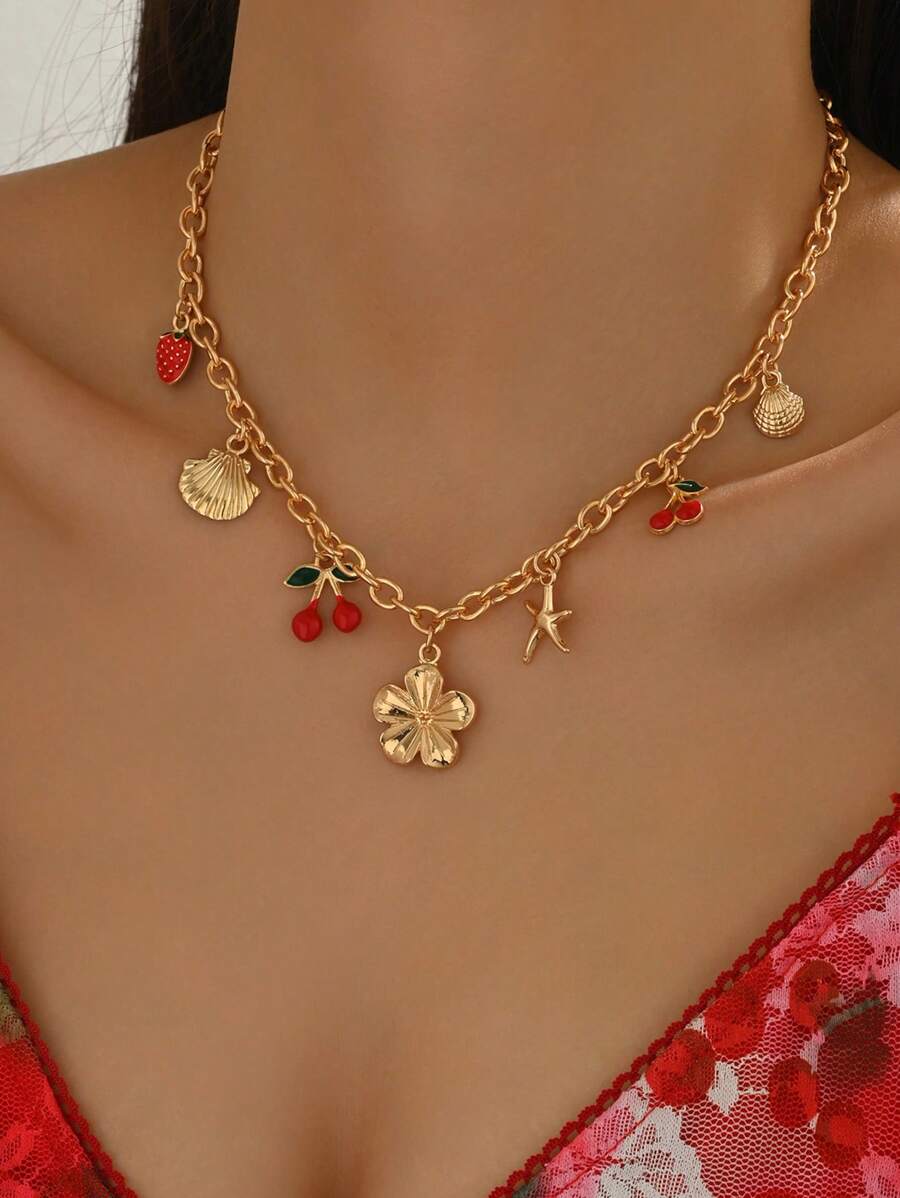 1 Pc Summer Fashionable Necklace, Gold Metal Flower, Cherry, Strawberry, Shell, Starfish Pendant Combination, Suitable For Women Daily Outfit, Beach, Party, Music Festival Wear. Chain Length Customizable