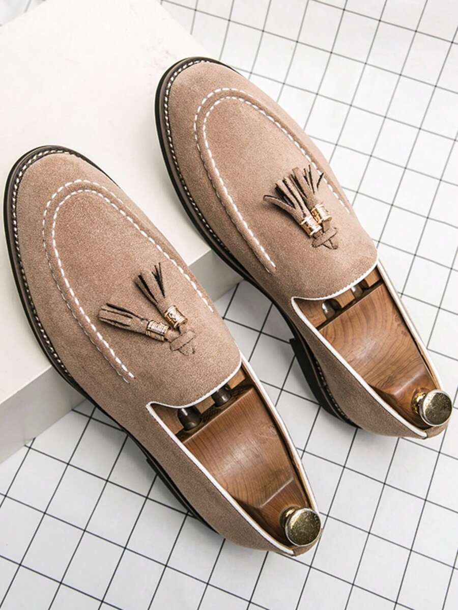 Men's Versatile Business Formal Shoes, Solid Color Casual Slip-On Loafers With Tassels