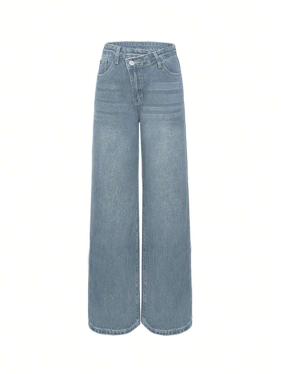 Pantalones vaqueros rectos y sueltos de diseño casual de primavera y verano con botones en diagonal para mujeres, estilo retro azul