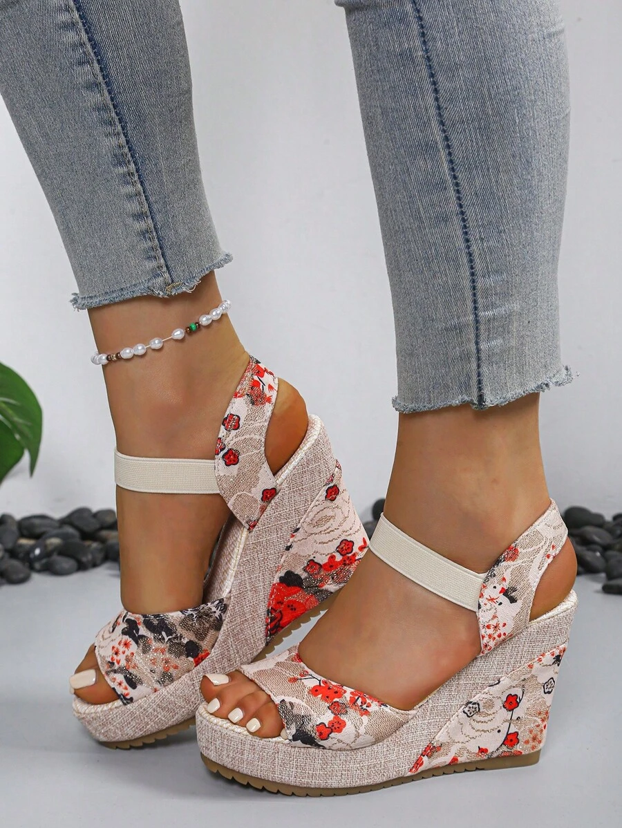 2024 New European Women Platform Wedge Sandals, Outdoor Versatile One-Strap Slides, Sexy Floral Print Beach Casual Slippers, Comfortable Open Toe Shoes, Green Floral Elevated Petite Shoes