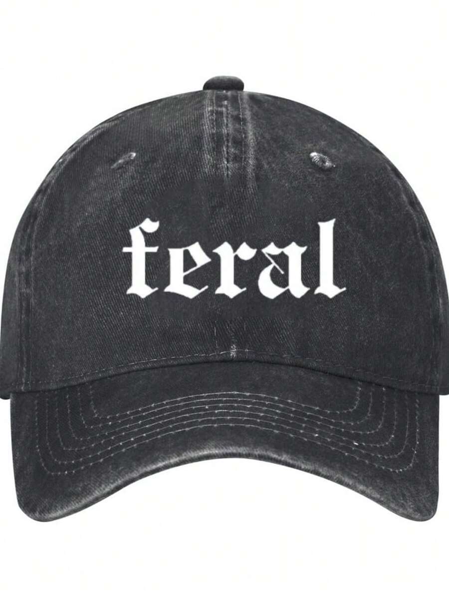 Denim Hat With Feral Typography Print, 100% Cotton Denim Hats, Baseball Caps, Trucker Caps. The Arched Brim Design Is Adjustable.