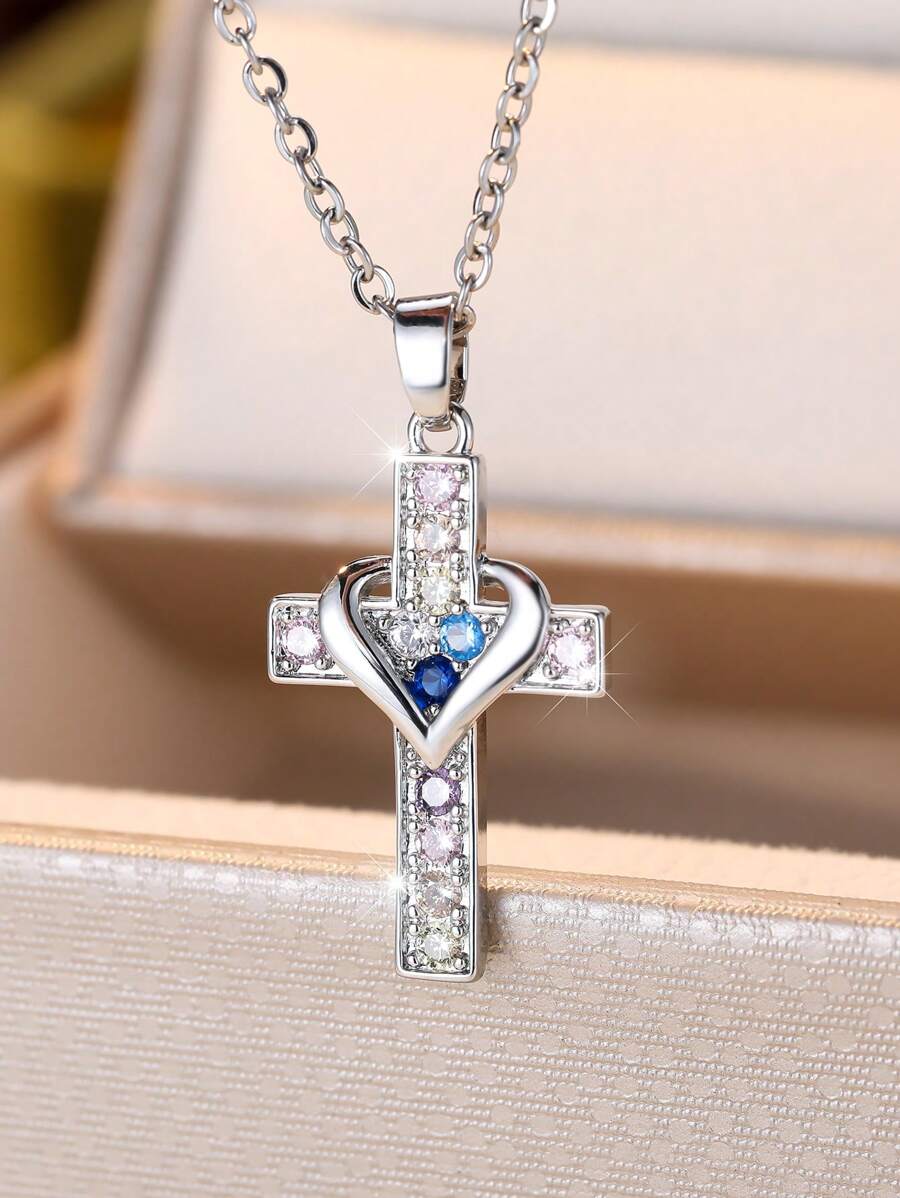 1 Stück elegante & einzigartige Herz- & Kreuz CZ Anhänger Kette, Geschenk für Frauen zu Feiertagen, Geburtstag, Jahrestag, Date