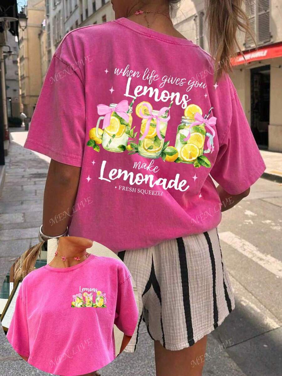 Summer Beach Vacation Printed T-Shirt, When Life Gives You Lemons Funny Lemonade T-Shirt, Vintage Floral Lemon Print Women Round Neck Short Sleeve T-Shirt, Casual Must-Have With Fashionable Holiday Vibe, Spring/Summer