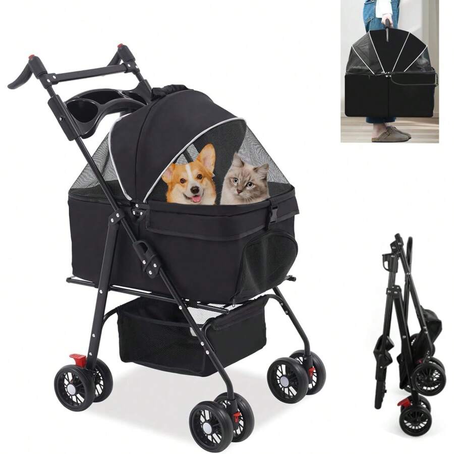 Carro para Mascotas,Carriola plegable para perros y gatos,4 Llantas Giro 360°,Plegable Rápido con Bolsa Portátil Desmontable,Ventana De Red,Forro Removible,4 en 1 Multifuncional