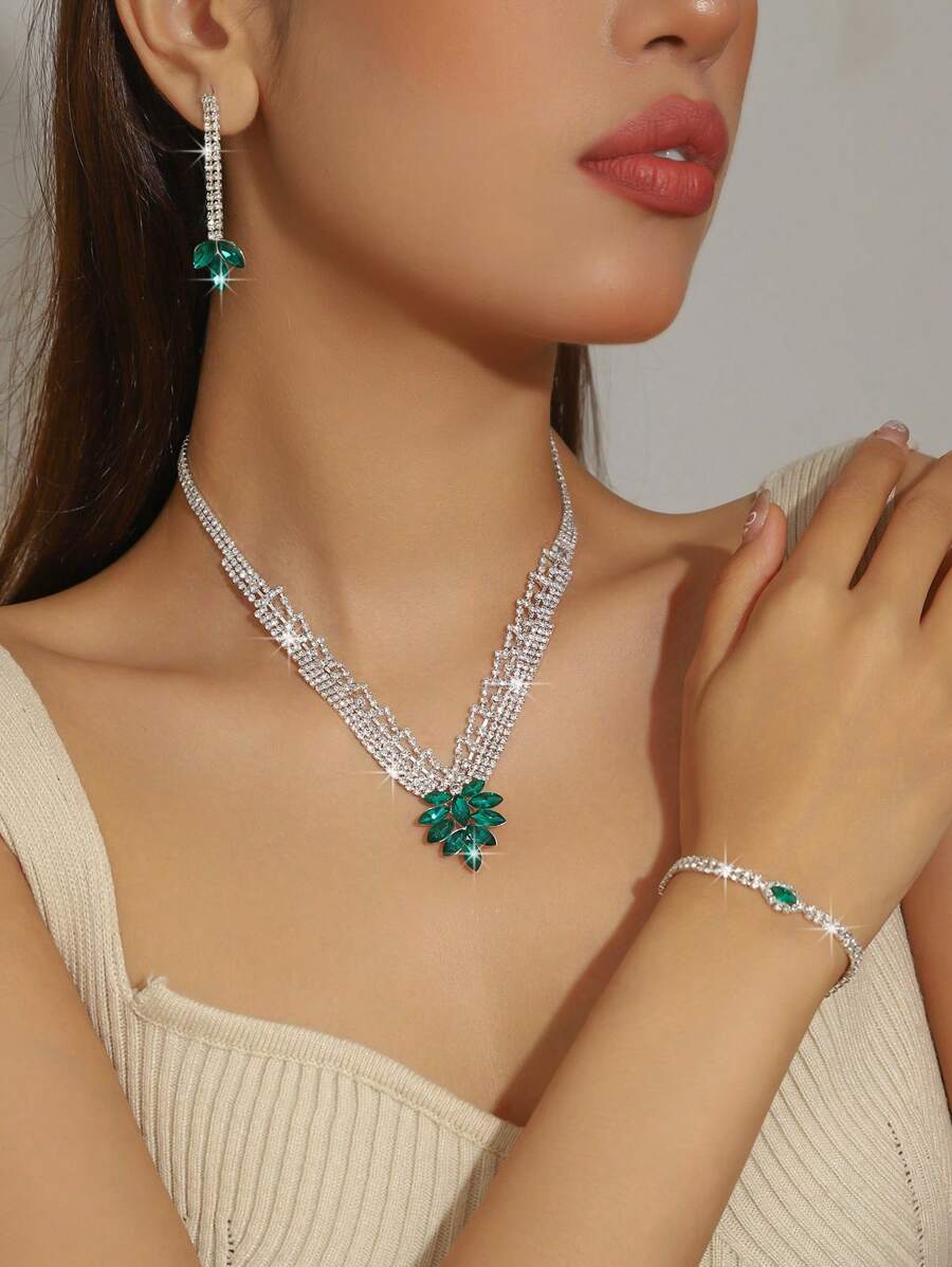 4pcs Green Crystal Leaf Design Jewelry Set For Women, Bridal Crystal Necklace, Bracelet And Earrings Set, Suitable For Weddings, Parties, Evening Dresses