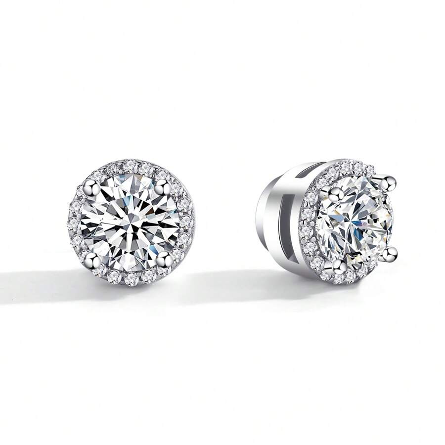 1 pereche de cercei magnetici din argint S925, la modă, 1 carat, 6,5 mm, cercei magnetici cu diamant moissanit, fără piercing, diamante clare VVS1 de culoare D în laborator, cercei anti-alergici pentru bărbați și femei