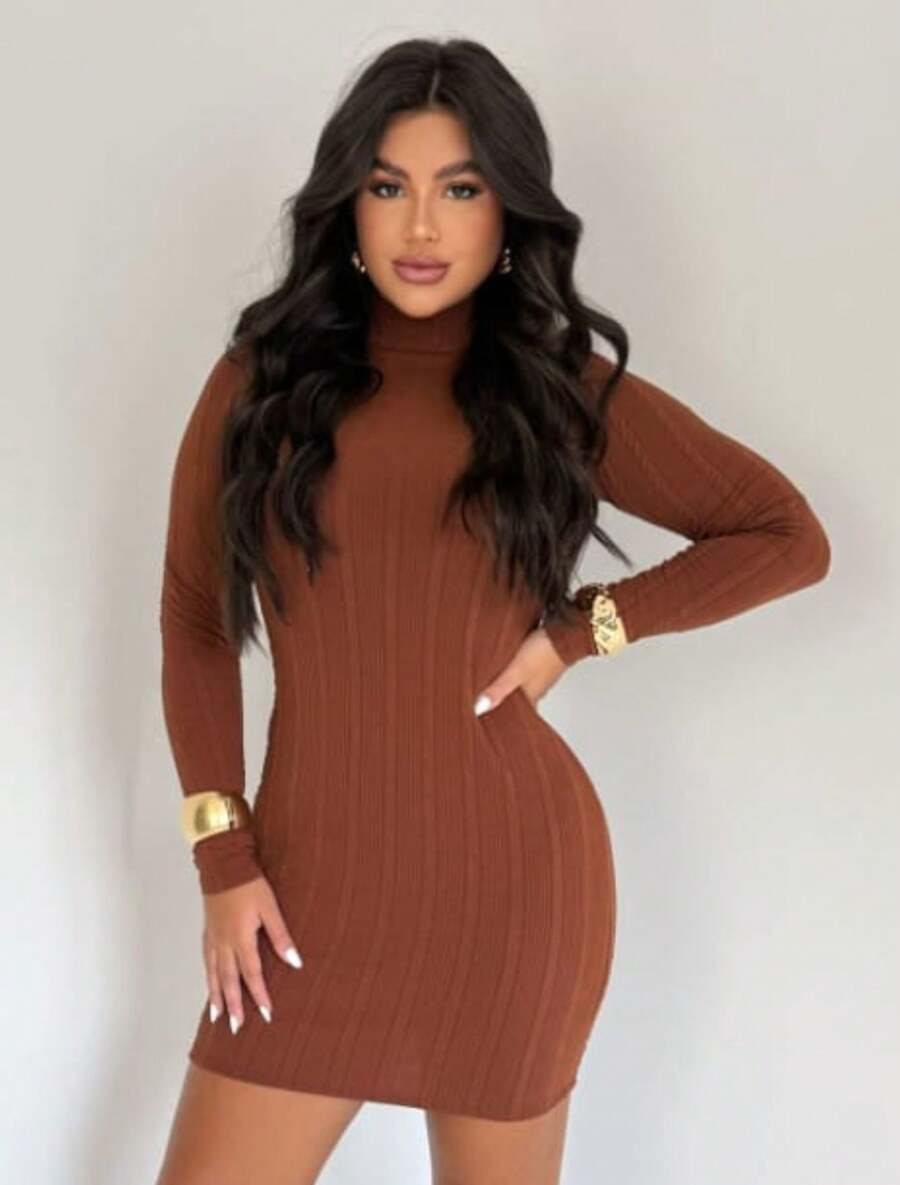 Vestido Simples Elegante Anarruga Manga Comprida Sensual Moda Feminina Inverno Noite Festa
